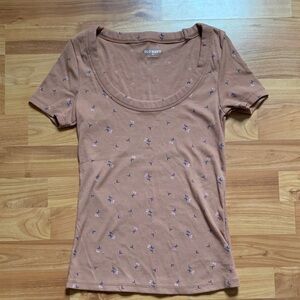 Old Navy Women's Brown Floral Patterned Tee- XS